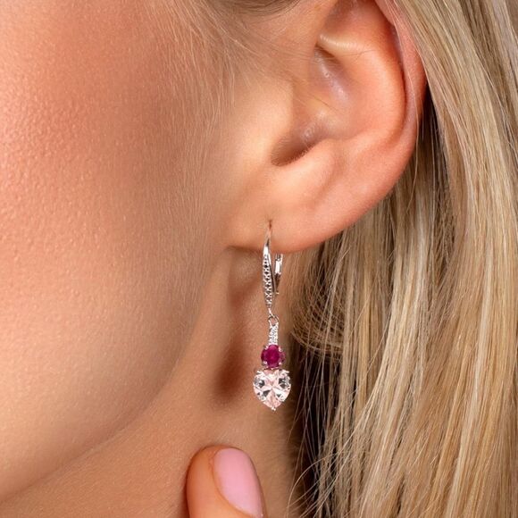 925 Sterling Silver with 3.03 Cttw Peach Morganite and Ruby Heart Drop Earrings - Picture 2 of 4